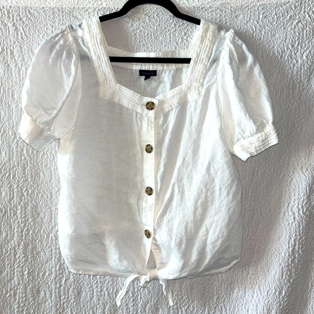 TALBOTS Linen Tie Hem Button Front Puff Short Sleeve Top